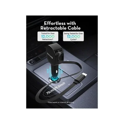 RavPower 1-Port USB-C and 1-Port USB-A PD 60W Car Charger With build in USB-C Cable - Black